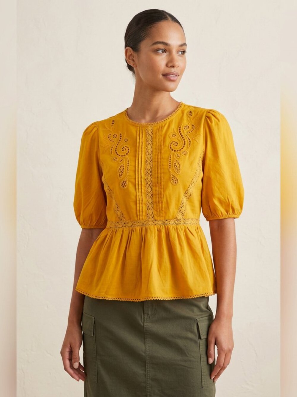 Calligraphie Embroidered Lace Peplum Blouse NWT Mustard Yellow Medium 100% Cotto